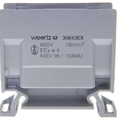 Abzweigklemme Woertz Ex 6…16mm² 76A 750V Schraubanschluss 2×1 TH35 grau 