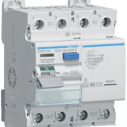 Fehlerstrom-Schutzschalter Hager RCCB (RCD) 4P 400V 0.03A Typ B 25A 10kA 4TE 