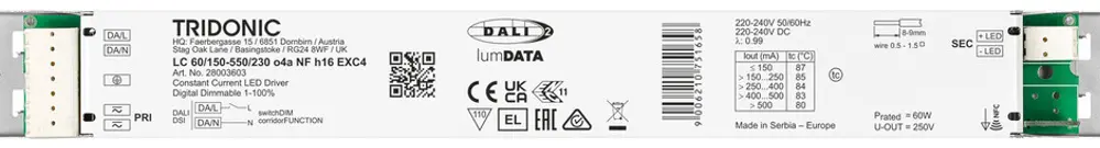 Alimentazione LED Tridonic LC NFC EXC4 34.5…60W 45…230V 150…550mA DALI 280×30×16 