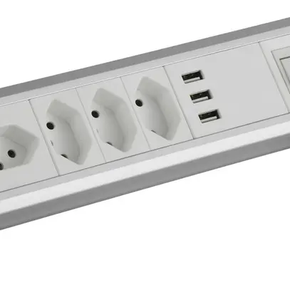 Module de table ALU 4×T13 3×USB-A 2.0m câble interrupteur blanc/aluminium 