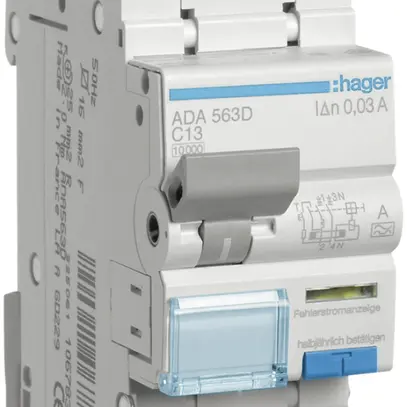 Disgiuntore differenziale Hager RCBO 2P 240V car.C 13A 0.03A tipo A 10kA 2UM 