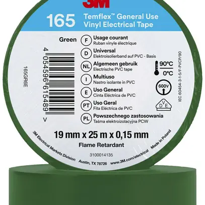 Ruban isolant 3M Temflex 165 19mm×25m×0.15mm vert VDE 600V 0…90°C 
