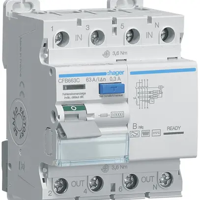 Interruttore differenziale Hager RCCB (RCD) 4P 400V 0.3A tipo B hfq 63A 10kA 4UM 