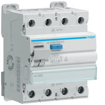 Fehlerstrom-Schutzschalter Hager RCCB (RCD) 4P 400V 0.3A Typ A S 80A 10kA 4TE 