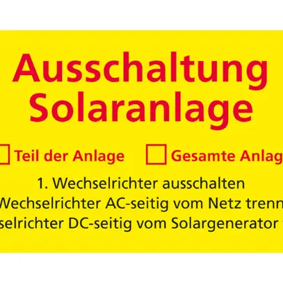 Kleber gelb «Ausschaltung Solaranlage» deutsch 