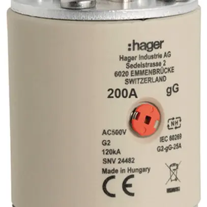 Fusible HPC Hager SEV G2 500V AC 200A gG voyant central 