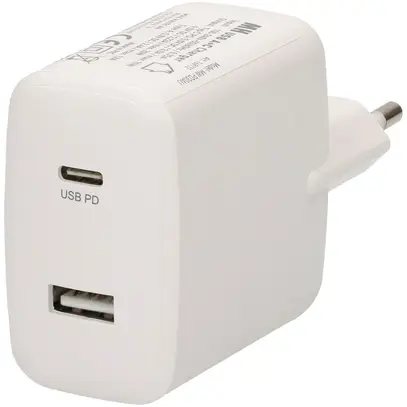 Caricatore USB MAX HAURI 1×A+1×C PD 30W 5/9VDC 2.4/2A T26 240VAC bianco 