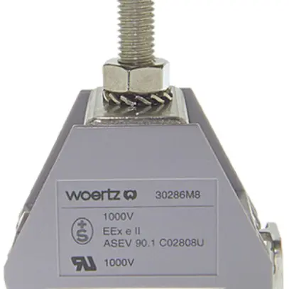 Borne de passage joignable Woertz 95mm² 200A 750V boulon 1×1 rail DIN 35mm gris 