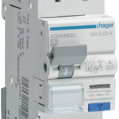 Disjoncteur différentiel Hager RCBO QC 2P 230V car.B 16A 0.03A type A 6kA 2UM 