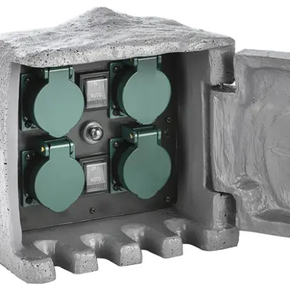 Presa da giardino 4×T13, c.porta 2×interr., rilevat.crepuscol.IP55 design pietra 
