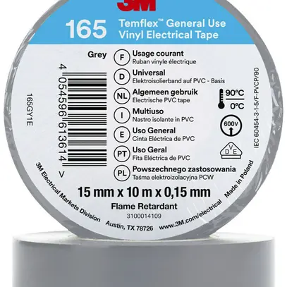 Isolierband 3M Temflex 165 15mm×10m×0.15mm grau VDE 600V 0…90°C 