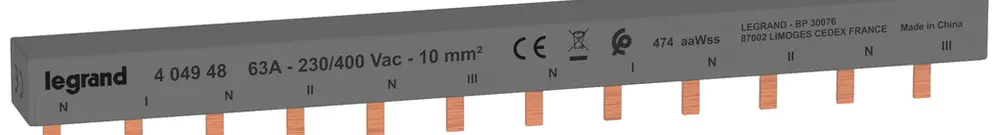 Pettine di raccordo HX³standard 2P 3Ph perno 10mm² 63A 213mm grigio 