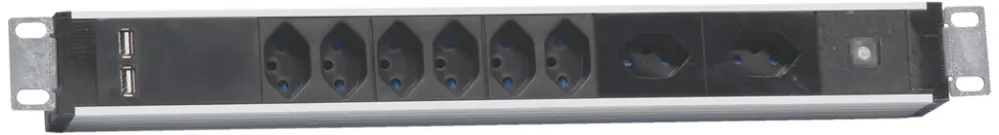 Steckdosenleiste 19" alu 8×T13 3×1mm² mit 2×USB 