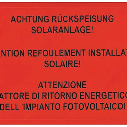 Étiquette Plica EET UV HA DE/FR/IT: ACHTUNG RÜCKSPEISUNG SOLARANLAGE! 