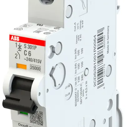 Leitungsschutzschalter ABB MCB S300P 1P 240V Typ C 6A Icn 25kA Icu 100kA 1TE 