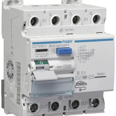 Interruttore differenziale Hager 3P+N 10kA 25A 30mA Typ B EV 4UM 