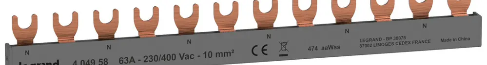Pettine di raccordo HX³standard 2P 2Ph forca 10mm² 63A 210mm grigio 