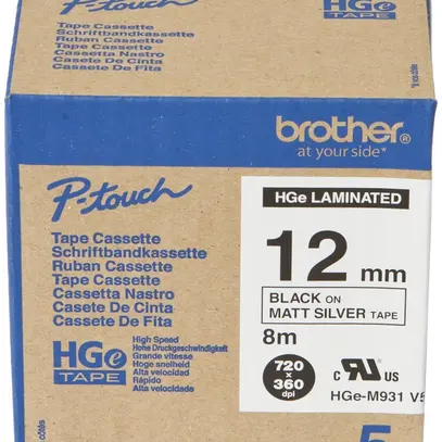 Cassette ruban Brother HGe 12mm×8m noir/argenté métalique 
