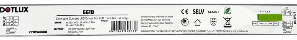 Alimentazione LED DOTLUX 80W 20…50V 900…1600mA 1-10V 360×30×26mm 