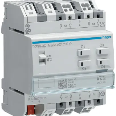 Actionneur de jalousie KNX AMD Hager 4 sorties 6A 1380W 230VAC IP20 4UM 
