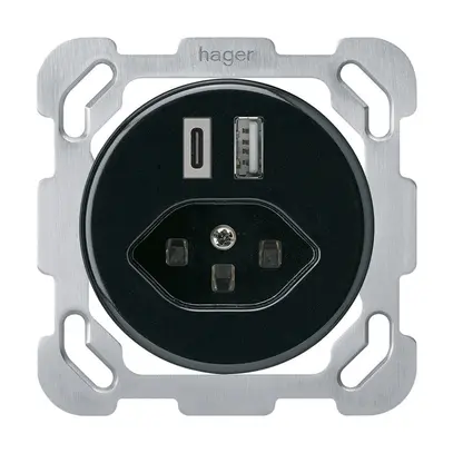 Presa di carica USB INC basico 18W PD 1×tipo A 1×tipo C T23 c.placca fiss. nero 