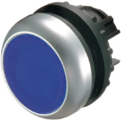 Pulsante luminoso ETN RMQ piatta blu, ad imp., anello cromato 