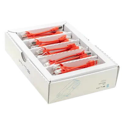 Cavo patch SLIM: 10cm, rosso, 50 pezzi Cat.6A, U/FTP, jack non infrangibile 