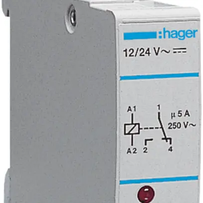 Relè di interfaccia Hager 10…26V DC 0Ch 0 apertura 1 invertitore 5A AC/DC 1UM 