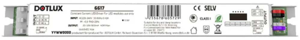 Alimentazione LED DOTLUX 40W 20…50V 250…800mA 1-10V 280×28×21mm 