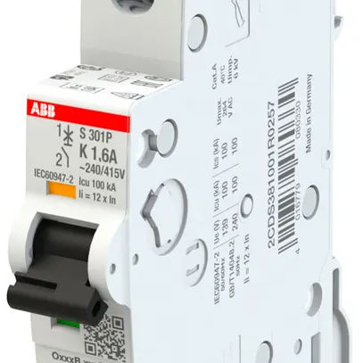 Leitungsschutzschalter ABB MCB S300P 1P 240V Typ K 1.6A Icn 25kA Icu 100kA 1TE 