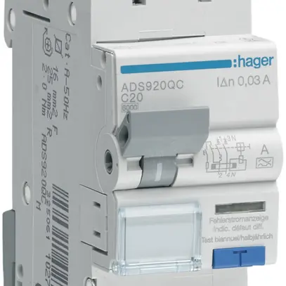 Disgiuntore differenziale Hager RCBO QC 2P 230V car.C 20A 0.03A tipo A 6kA 2UM 