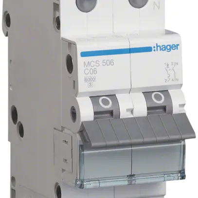 Disgiuntore Hager MCB quickconnect 2P 1 230V tipo C 6A Icn 6kA Icu 10kA 2UM 