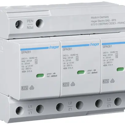Déflecteur combiné Hager SPD TN-C 3L 400V 25kA 1.5kV 6UM 