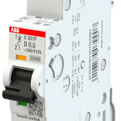 Disjoncteur ABB MCB S300P 1P 240V type D 0.5A Icn 25kA Icu 100kA 1UM 