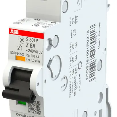 Disgiuntore ABB MCB S300P 1P 240V tipo Z 6A Icn 25kA Icu 100kA 1UM 