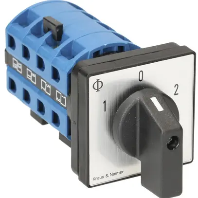 EB-Drehschalter K&N, 25A/690V 3L, Griff sz, 48×48mm, Ø6mm, "1-0-2" 