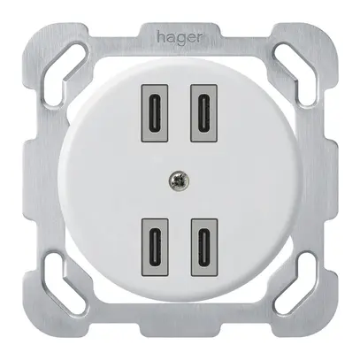 UP-USB-Ladesteckdose Hager basico 2×C-C 2×20W oder 4×10W 5V 77×77mm weiss 