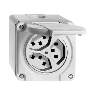Presa AP bagnato 3×T23 bianco con LED verde, con mors. innest. 
