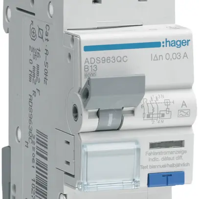 FI/LS-Schalter Hager RCBO QC 2P 230V Char.B 13A 0.03A Typ A 6kA 2TE 