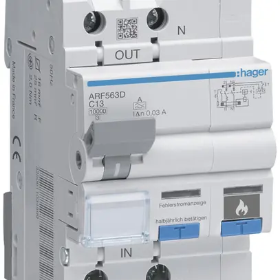 Interruttore protezione tagliafuco Hager AFDD+FI/LS, 1P+N 10kA C13A 30mA tipo A 