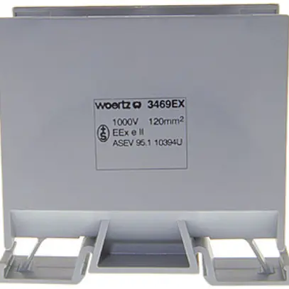 Abzweigklemme Woertz Ex 70…120mm² 269A 800V Schraubanschluss 2×1 TH35 grau 