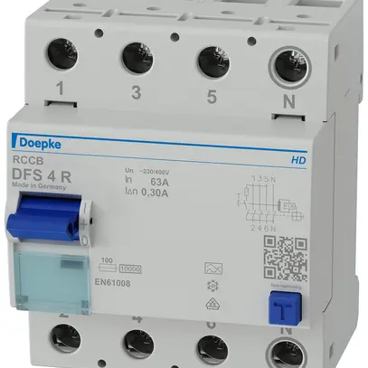 Fehlerstromschutzschalter Doepke 63A 300mA 3L+N Typ A, sensitiv, N rechts 