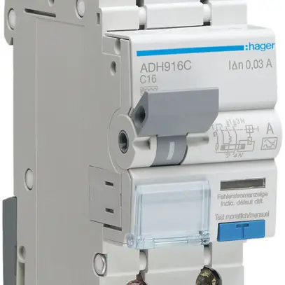 Disgiuntore differenziale Hager RCBO 2P 230V car.C 16A 0.03A tipo A HI 6kA 2UM 