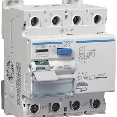 Interruttore differenziale Hager 3P+N 10kA 40A 30mA Typ B EV 4UM 