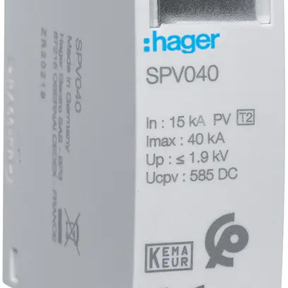 Module enfichable Hager SPV T2 1P 15kA 1000V DC Imax 40kA Up 1.9kV 1UM PV 