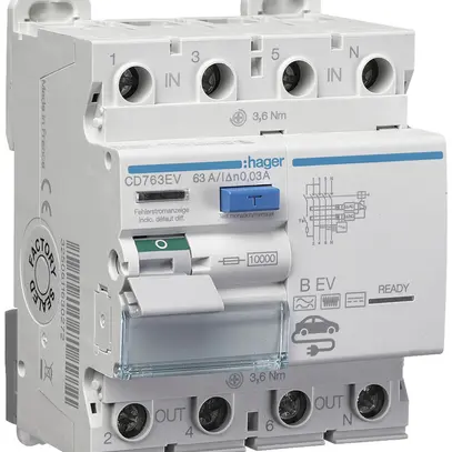 Interruttore differenziale Hager 3P+N 10kA 63A 30mA Typ B EV 4UM 