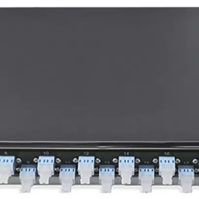 Coffret d'épissure 19" Dätwyler OV-CH 24×LCD/PC bleu OS2 décalé 1UH noir 