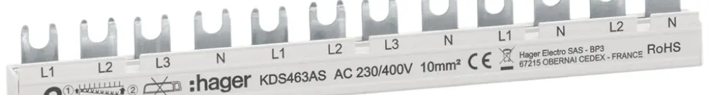 Pettine di raccordo Hager QC 4P 3L 10mm² 63A 215×3mm L1L2L3N-L1L2L3N-L1N-L2N 