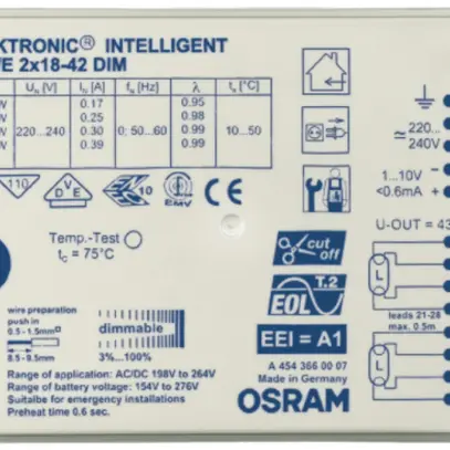 Ballast elettronico Osram QTi-T/E 2×18…42W/220…240V DIM 