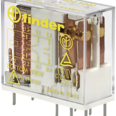 Relè commutazione Finder 50, 2C 8A/24VDC AgNi+Au 820Ω 5mm RT II 